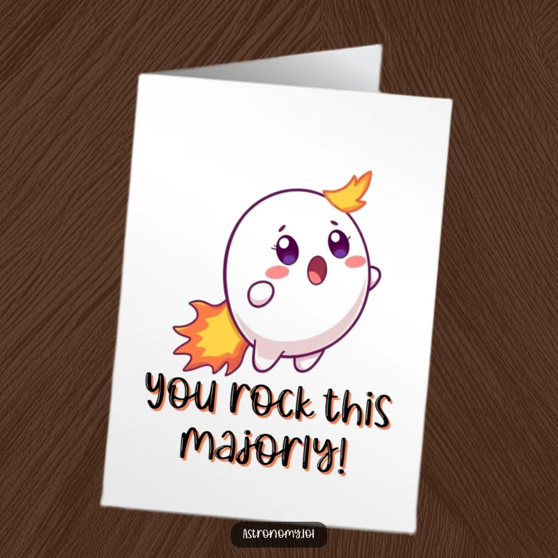 Funny Free Printable Congratulations Card: a surprised comet character with a fiery tail, celebrating success with a look of amazement.
