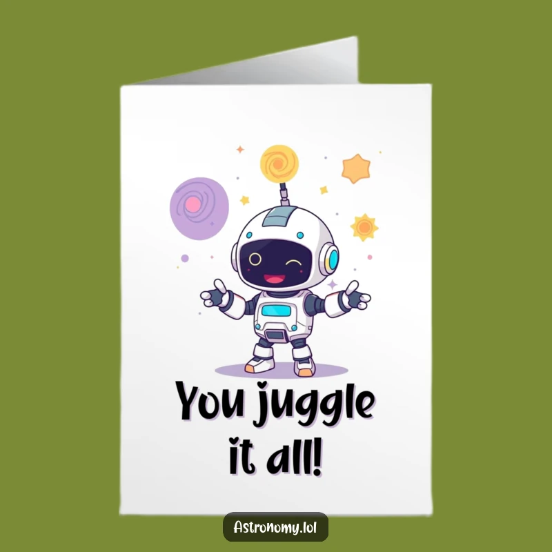 Free Printable Robot Congrats Card: Galaxy Juggling Success Downloadable