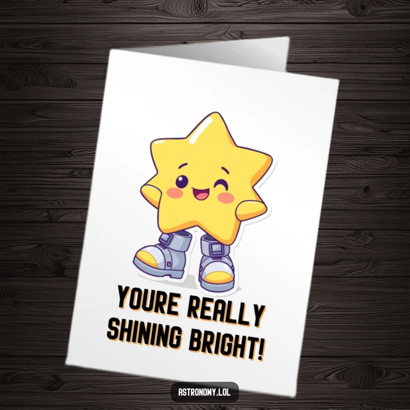 Cheerful Free Printable Congrats Card: Star character balances comically in huge gravity boots, celebrating success.