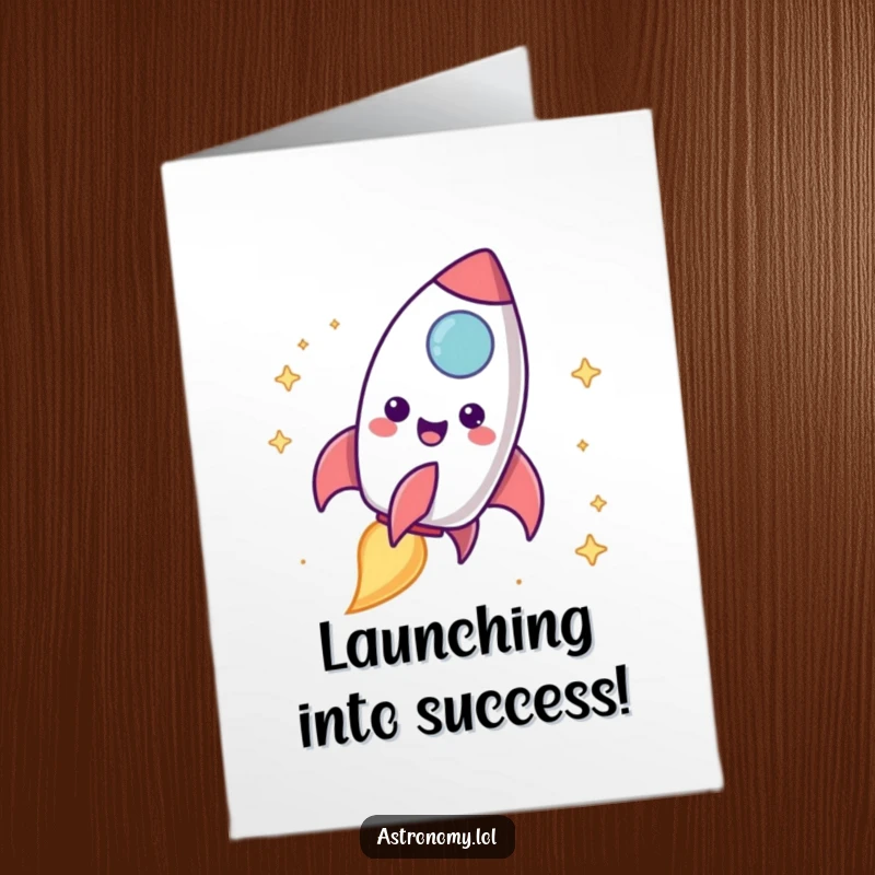 Funny Free Printable Congratulations Card: Delighted rocket ship character blasting off with a celebratory trail, marking success.