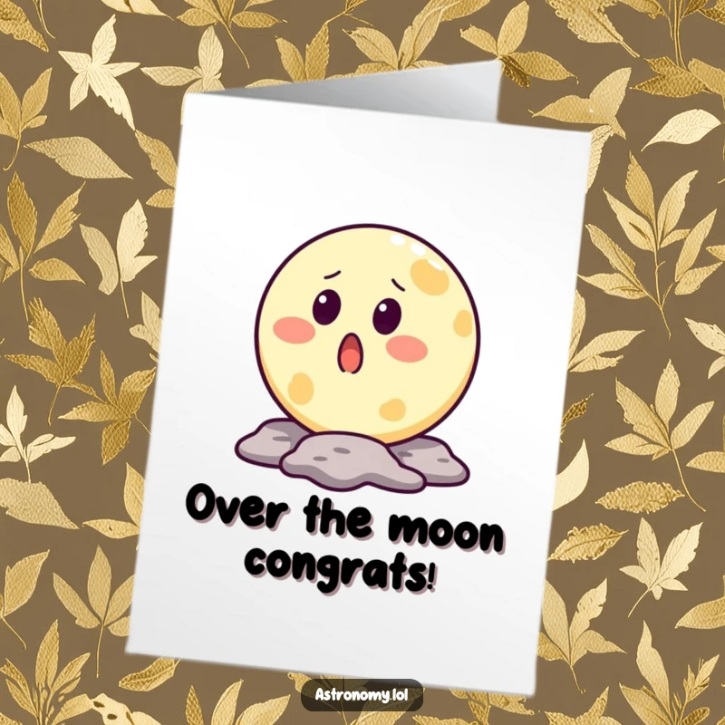 Funny Free Printable Congratulations Card: Moon character with a surprised crater mouth, reacting comically to great news.