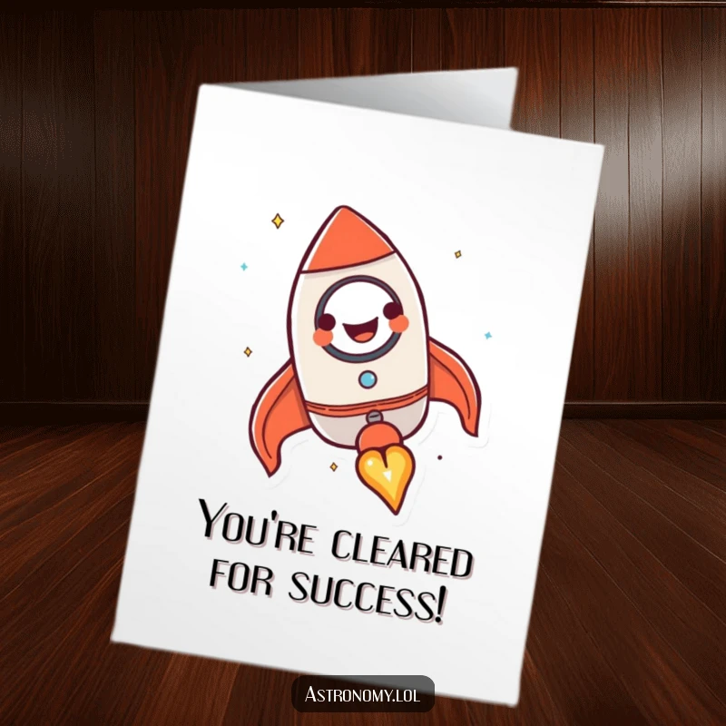 Funny Free Printable Congrats Card with a happy rocket ship blasting off, celebrating achievements. Downloadable art.