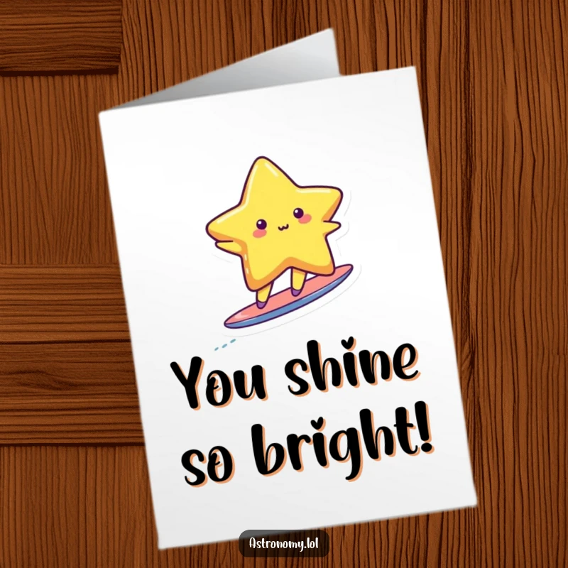 Funny Free Printable Congrats Card: Adorable star character joyfully surfing on a tiny comet tail, celebrating success.