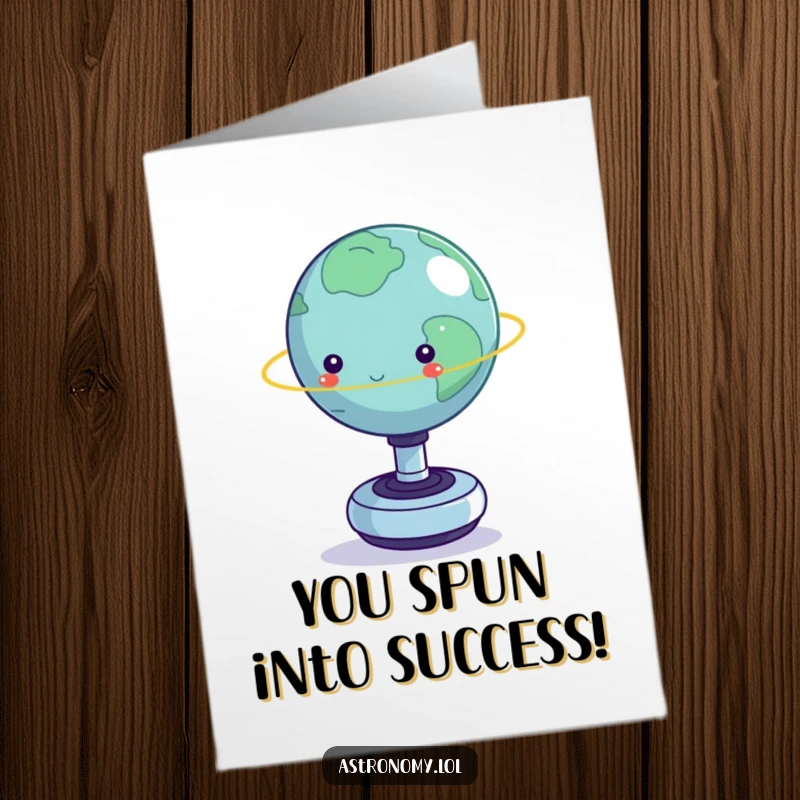 Funny Free Printable Congrats Card: Tiny planet comically attempting to balance on a spinning fidget toy, symbolizing achievement.