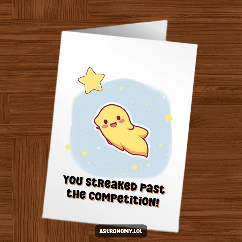 Funny Free Printable Congrats Card: A cheerful comet with a bright trail zipping across a starry night sky.