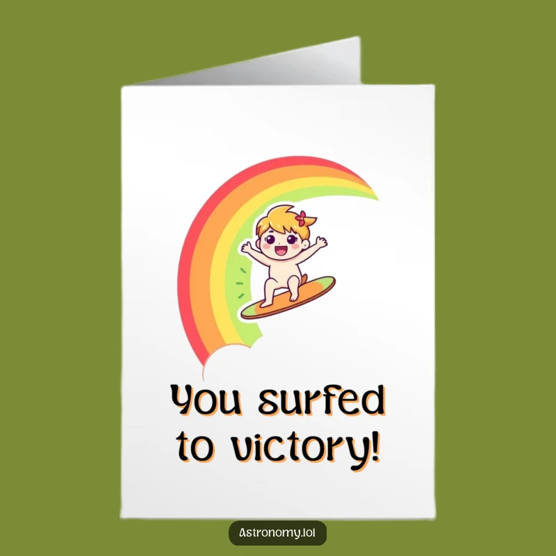 Free Printable Congrats Card: Rainbow Surfer Celebrates Your Victory