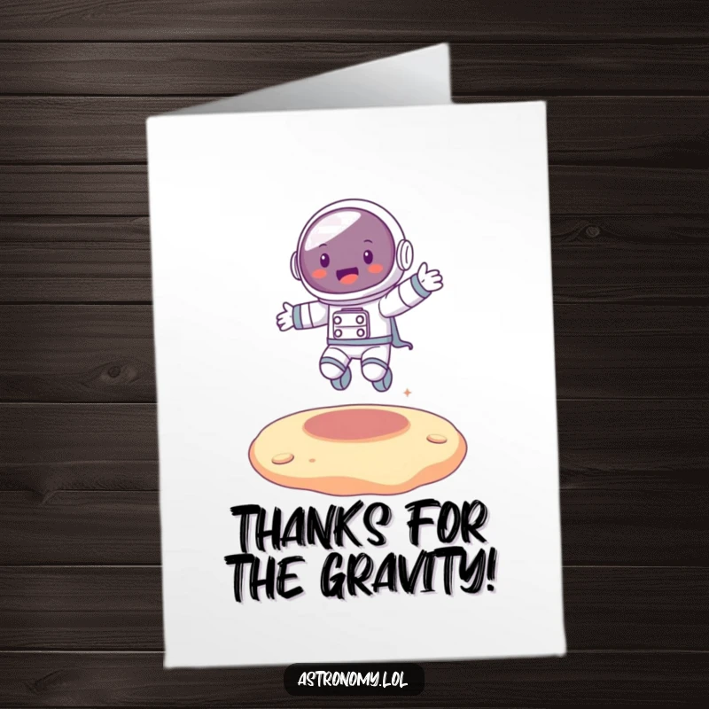 Funny Free Printable Thank You Card: Joyful astronaut character bouncing on a bouncy alien surface, expressing thanks.