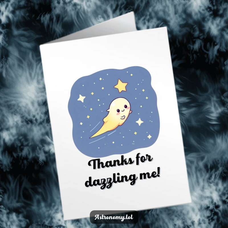Funny Free Printable Thank You Card: A playful comet character with a smile streaks across the night sky with a thank you.