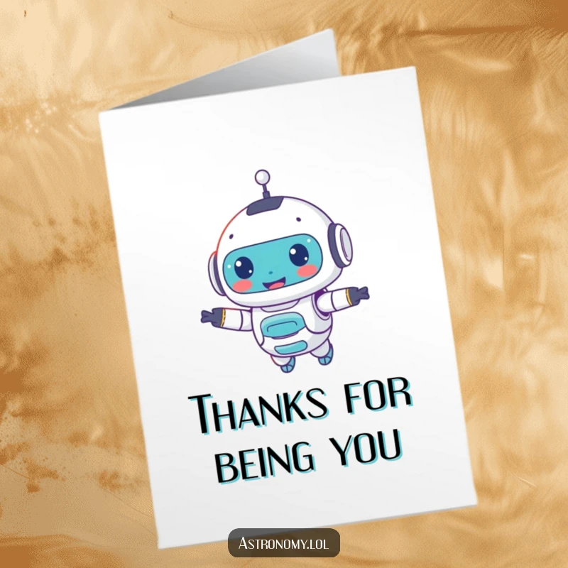 Funny free printable robot thank you card with a smiling robot floating, conveying heartfelt gratitude with a cute, digital expression of thanks.