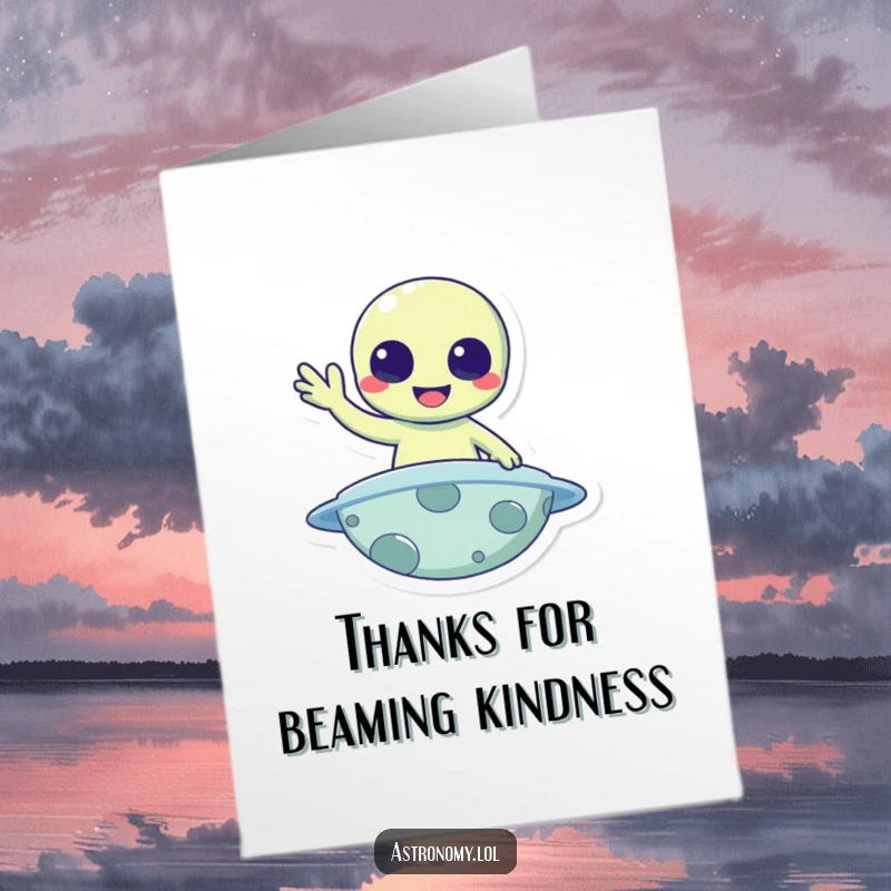 Funny Free Printable Thank You Card: A cheerful alien character waving hello from an alien planet, sending thanks.