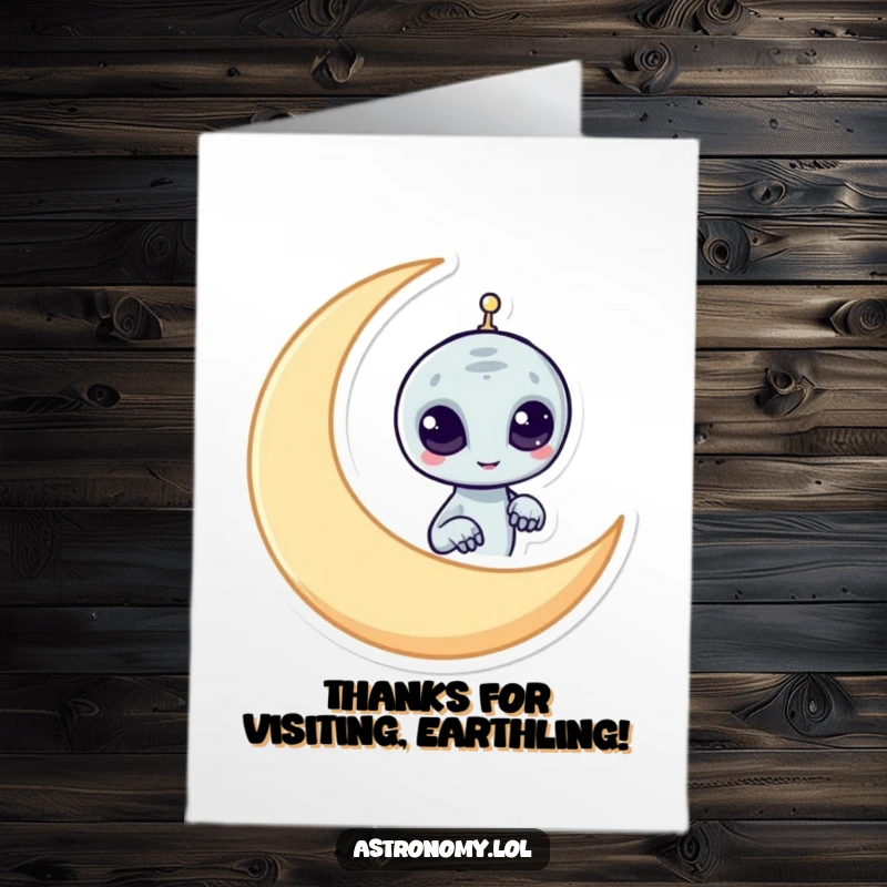 Funny Free Printable Thank You Card featuring a mischievous alien peeking from a moon, a unique way to say thanks. DIY gift.