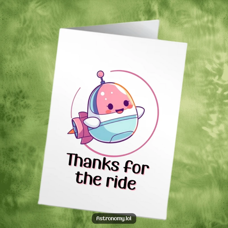 Funny Free Printable Thank You Card: A cheerful spaceship character performs a joyous loop-de-loop, expressing thanks with aerial flair.