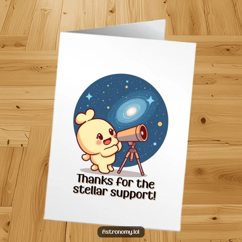 Funny Free Printable Thank You Card: Telescope character observing a winking galaxy, expressing gratitude humorously.