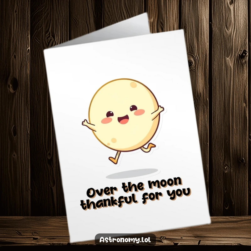 Funny Free Printable Thank You Card featuring a bouncing moon character doing a delighted skip, conveying joyful and lighthearted gratitude.