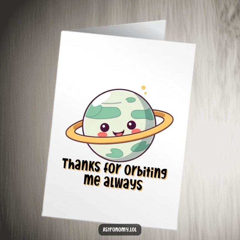 Funny Free Printable Thank You Card: A comical planet character with its rings spinning enthusiastically, saying thanks.