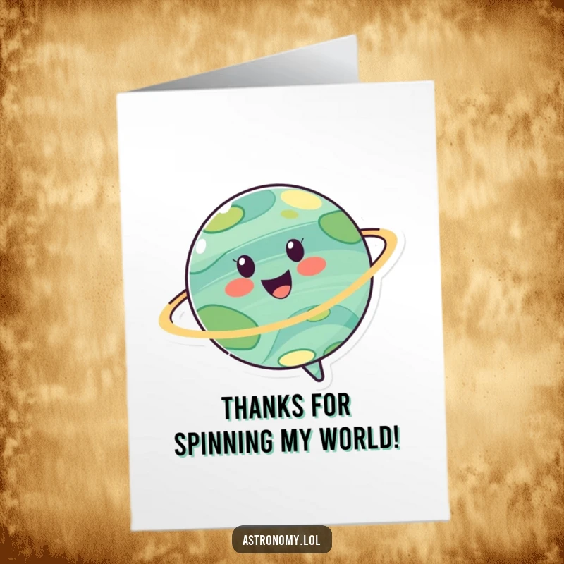 Funny Free Printable Thank You Card: Cheerful planet character spins joyfully, expressing heartfelt thanks.