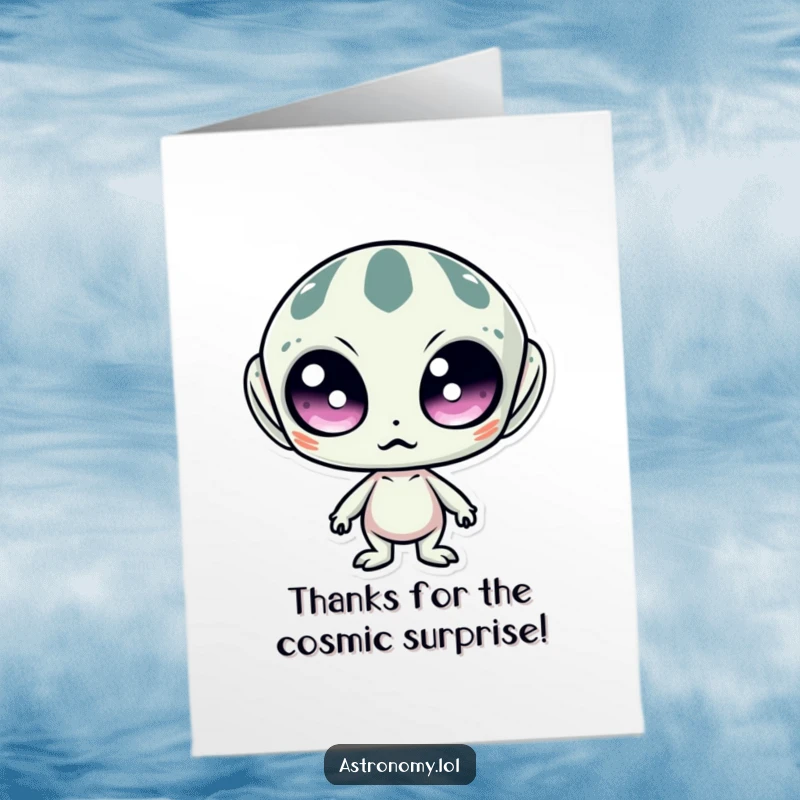 Funny Free Printable Thank You Card: Alien with large, surprised eyes expresses thanks in a comical way.