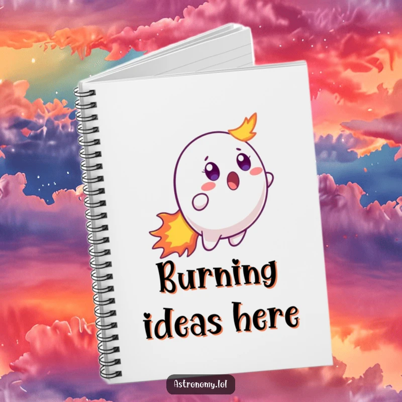 Funny notebook featuring a surprised comet character, its fiery tail adding flair to the cover, perfect for notes and brainstorming.