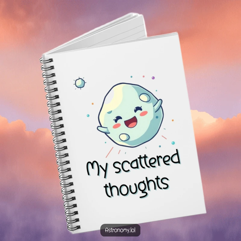 Funny Asteroid Notebook with a joyful, tumbling character, ideal for jotting down cosmic ideas and adventure plans.