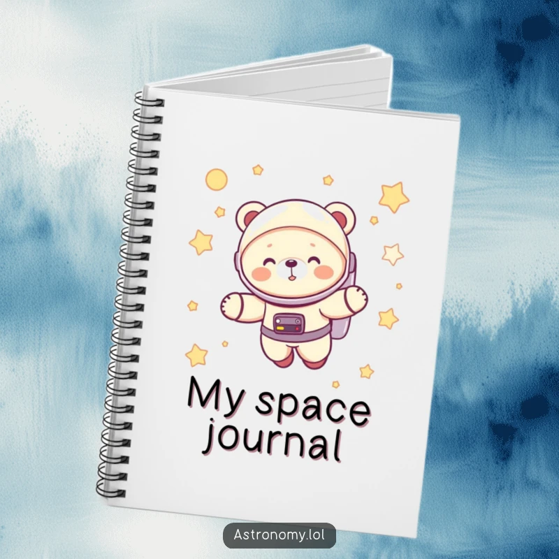 Funny astronaut bear cub giggling in a spacesuit, floating among stars, a humorous notebook for writing and drawing.