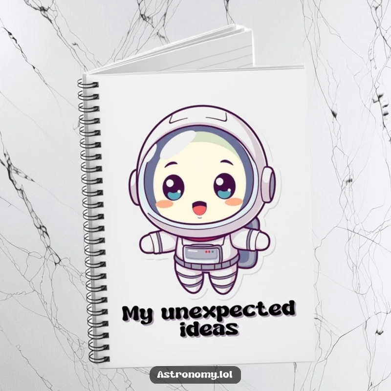 Funny notebook with a surprised astronaut floating with wide eyes, designed for jotting down notes with a humorous, space-themed flair.