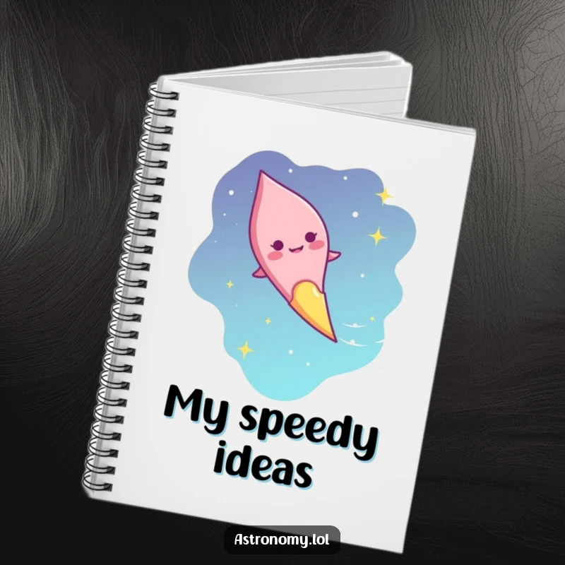 Funny cosmic journal with a giggling comet character streaking across the sky, a humorous notebook for stellar ideas.