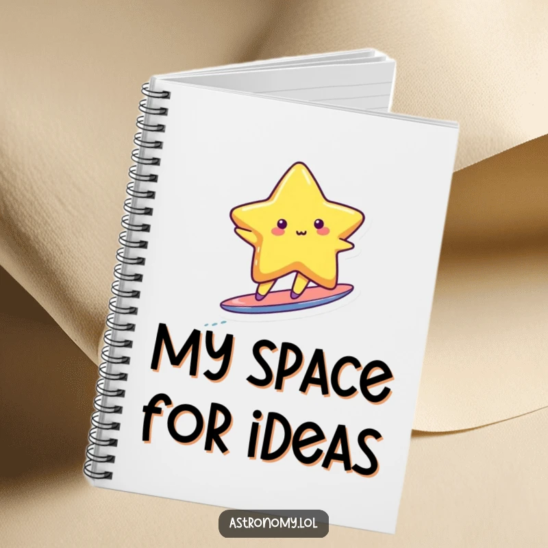 Funny cute star character dynamically surfing on a tiny, bright comet tail, inspiring cosmic thoughts and laughter.