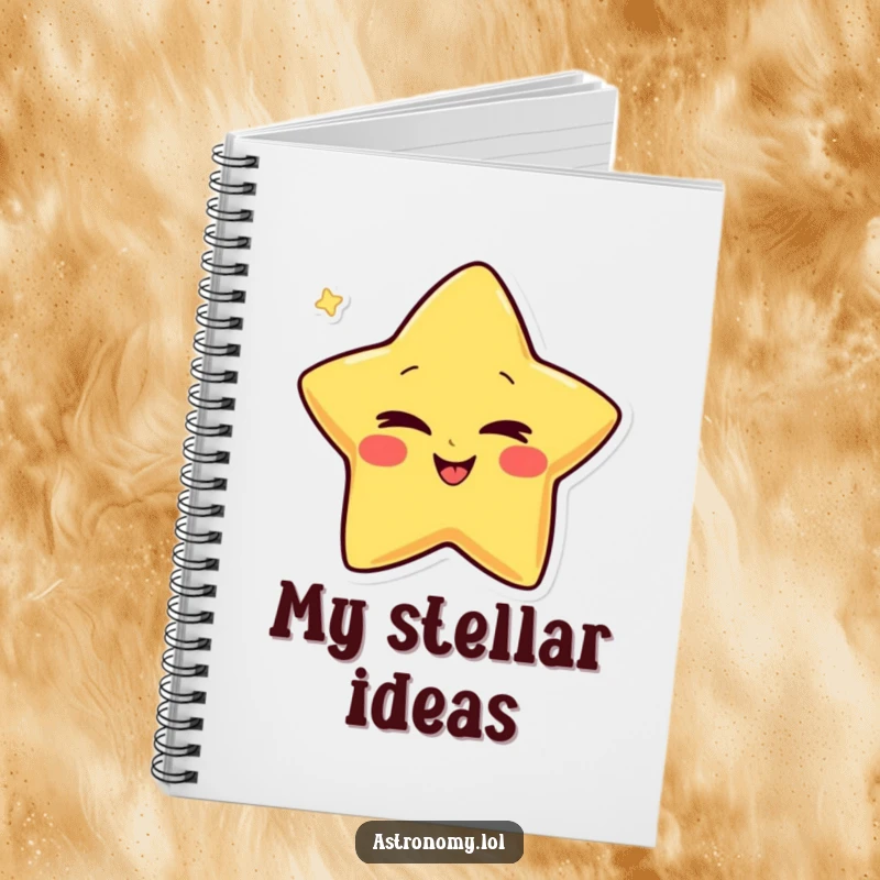 Funny Notebook with a giggling star character winking conspiratorially, designed for jotting down notes with a playful and humorous touch.
