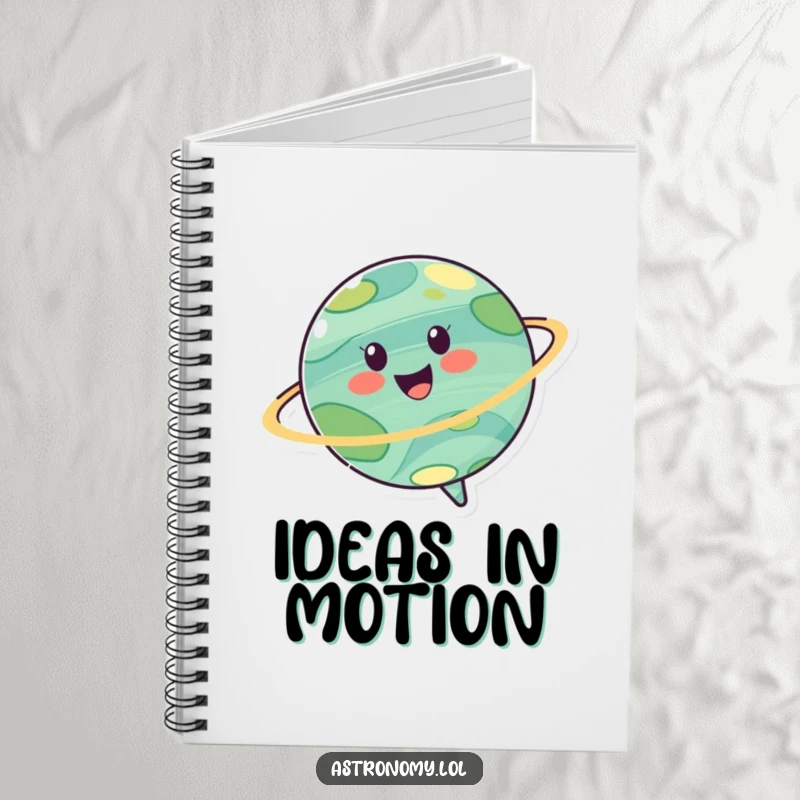Funny notebook featuring a cheerful planet character spinning joyfully, ideal for jotting down notes with a whimsical, cosmic-themed flair.