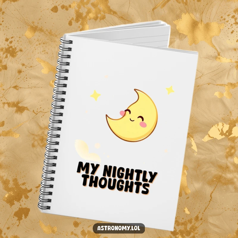 Funny notebook with a giggling moon character winking from the sky, designed for jotting down notes with a humorous, lunar flair.
