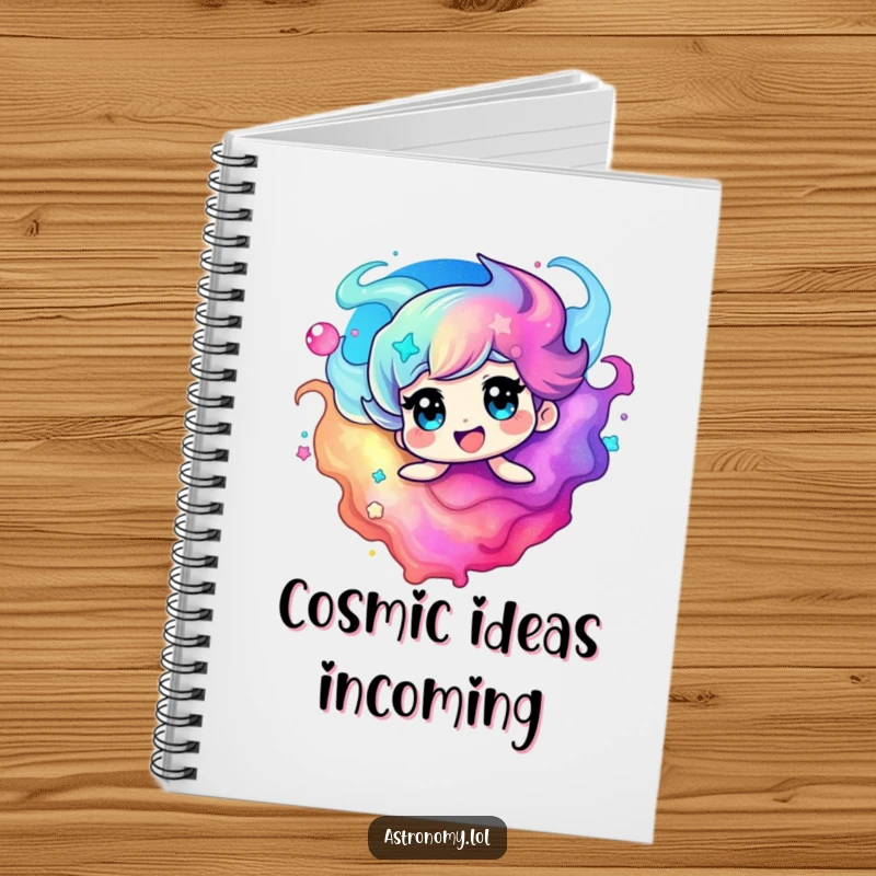 Funny nebula notebook showcasing a delighted, swirling character in vivid cosmic colors, inspiring creative writing.