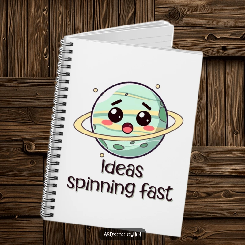 Funny planet notebook featuring a surprised, spinning character, perfect for journaling and note-taking with humor.