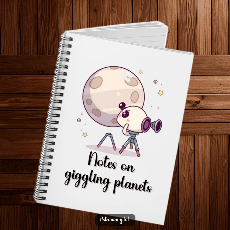 Funny notebook cover with a cute, surprised character looking through a telescope at a giggling planet, inspiring humorous note-taking.
