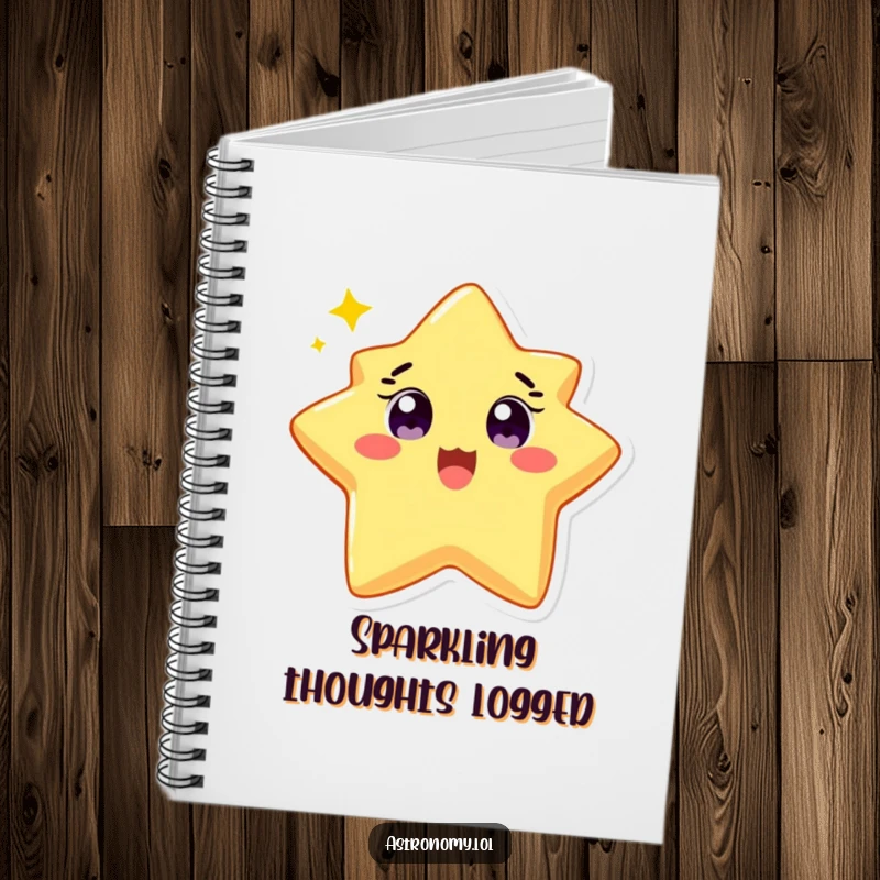 Funny notebook with a delighted star character twinkling brightly, perfect for jotting down bright ideas. Great gift.