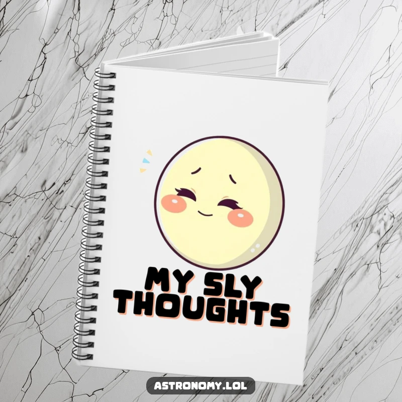 Funny playful moon character winking slyly, featured on a humorous notebook.