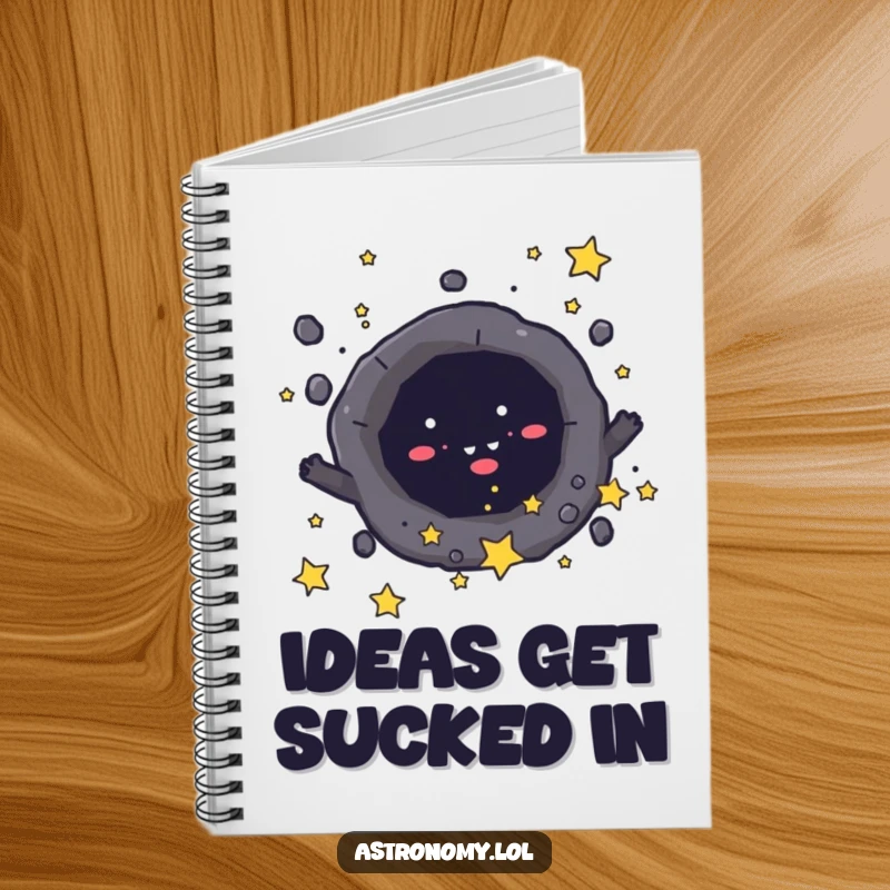 Funny notebook with a mischievous black hole character playfully pulling in tiny stars, ideal for writing cosmic plans. Great gift.