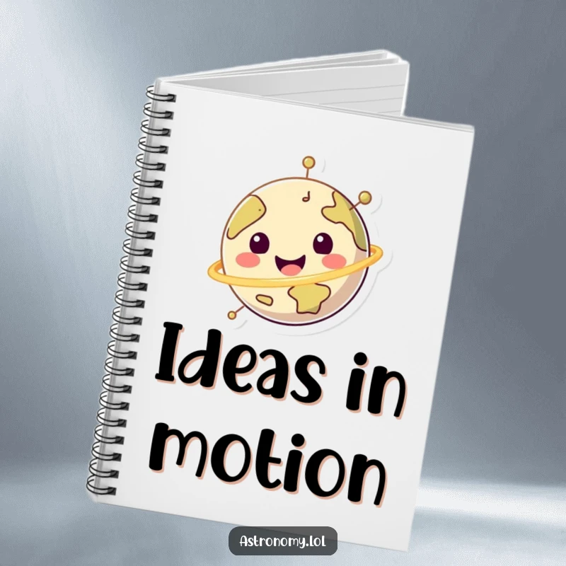 Funny happy planet character spinning cheerfully on a notebook cover, ready for your brightest thoughts.