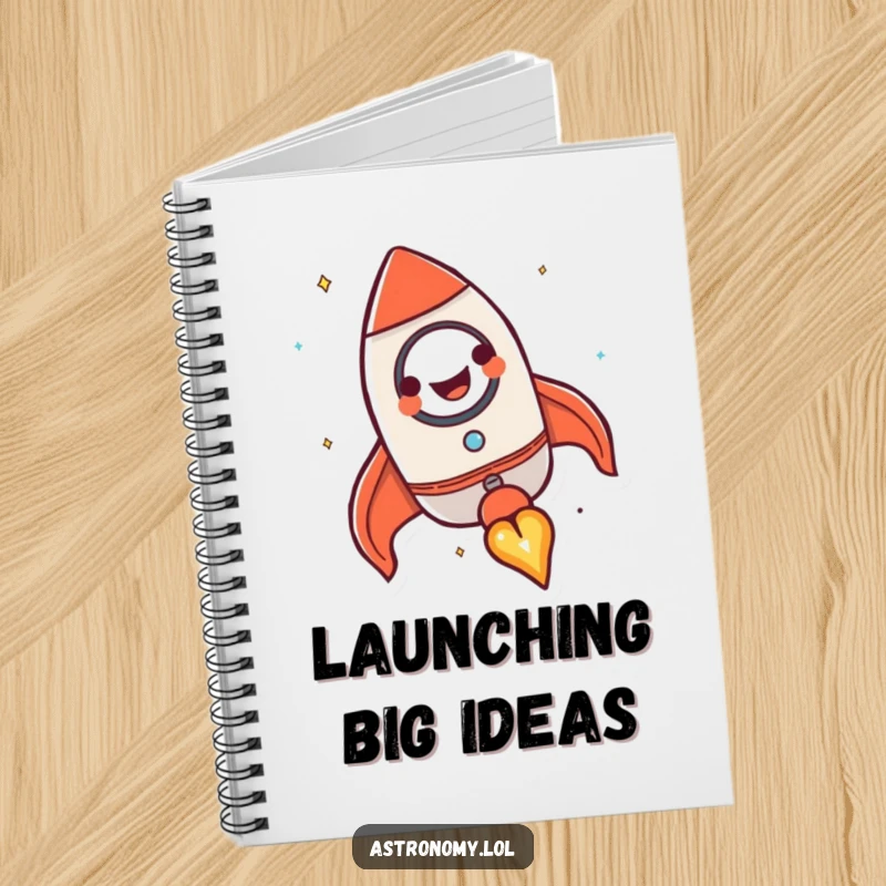 Funny rocket ship notebook featuring a happy, grinning character blasting off, ideal for journaling with inspiration.