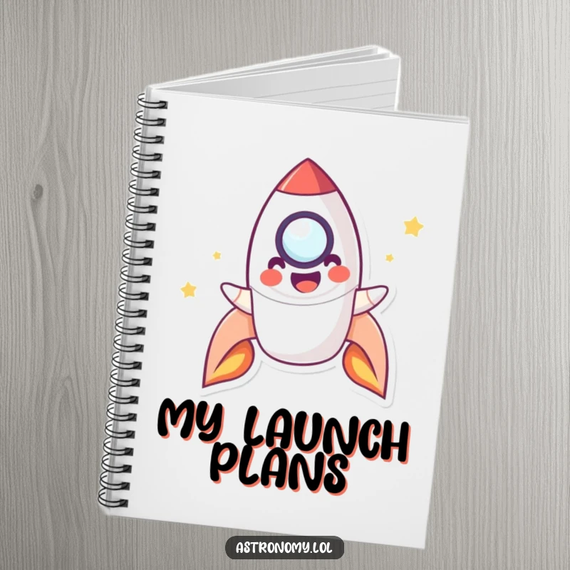 Funny Notebook with a playful rocket character smiling and blasting off, designed for capturing thoughts and big ideas with humor.