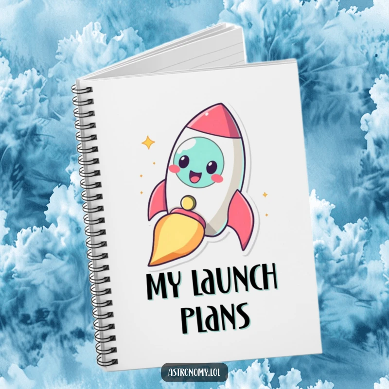 Funny cheerful rocketship character blasting off with a smile, featured on a humorous notebook.