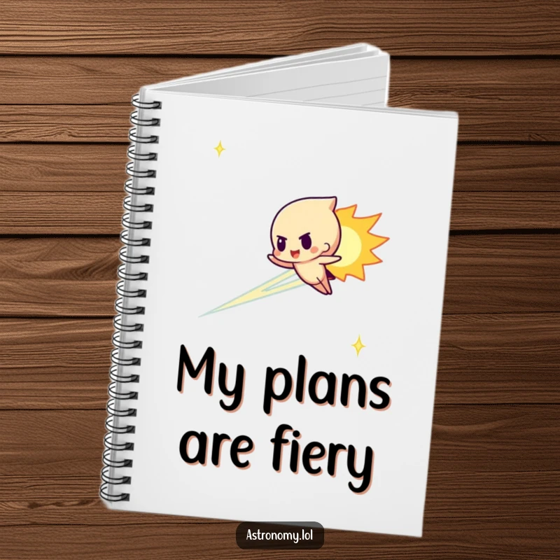 Funny meteor character streaking determinedly across the sky on a notebook, ideal for jotting down fast ideas.