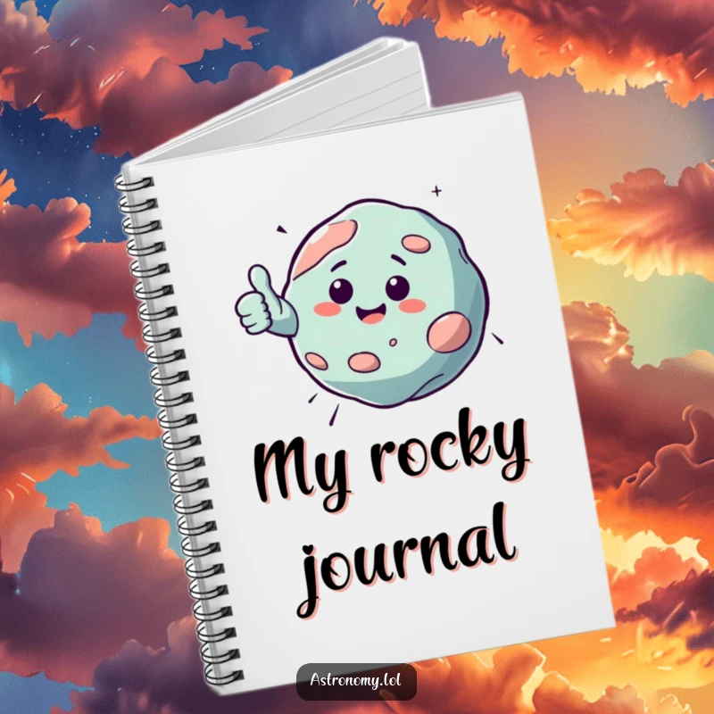 Funny notebook featuring a bouncing asteroid character giving a cheerful thumbs up, perfect for writing notes and planning cosmic adventures.