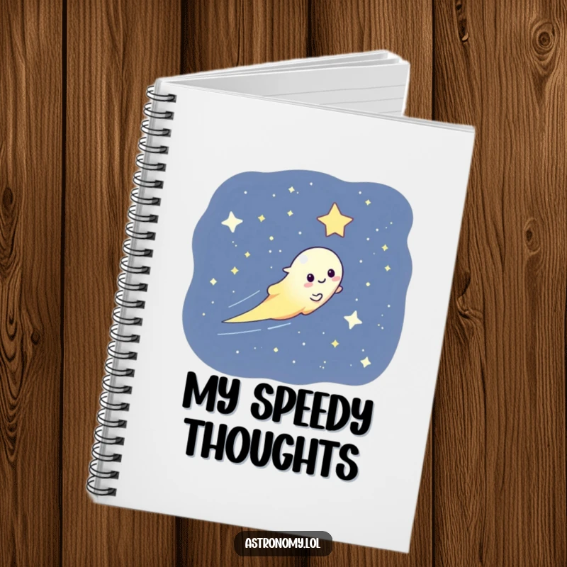Funny notebook with a playful comet character streaking across a starry sky, ideal for jotting down thoughts.