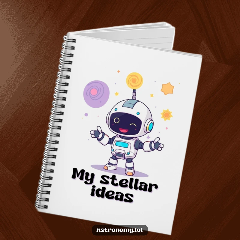 Funny notebook with a robot character juggling three colorful swirling galaxies, great for jotting down thoughts.