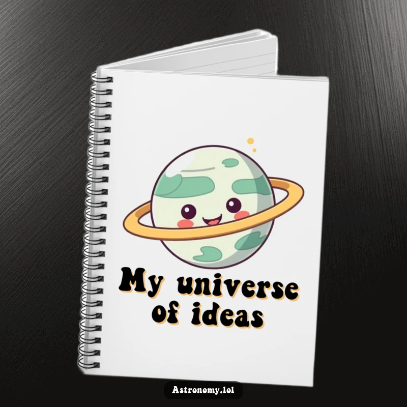 Funny notebook with a playful planet character and spinning rings, ideal for jotting down thoughts with cosmic humor.
