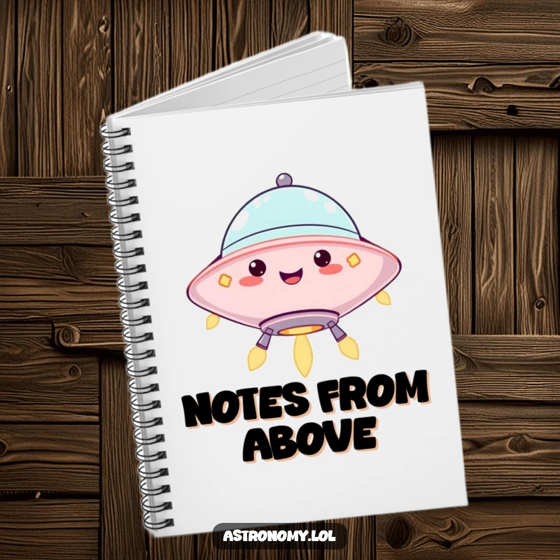 Funny notebook with a jolly UFO character hovering with blinking lights, ideal for writing down out-of-this-world ideas. Great gift.