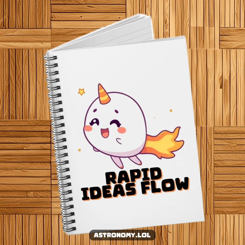 Funny comet notebook featuring a cheerful character with a fiery tail zipping by, ideal for journaling with energy.