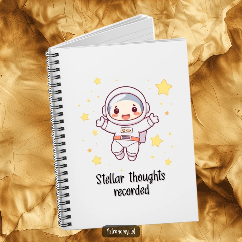 Funny astronaut notebook with a cute character joyfully floating in space among stars, ideal for writing and creative journaling.
