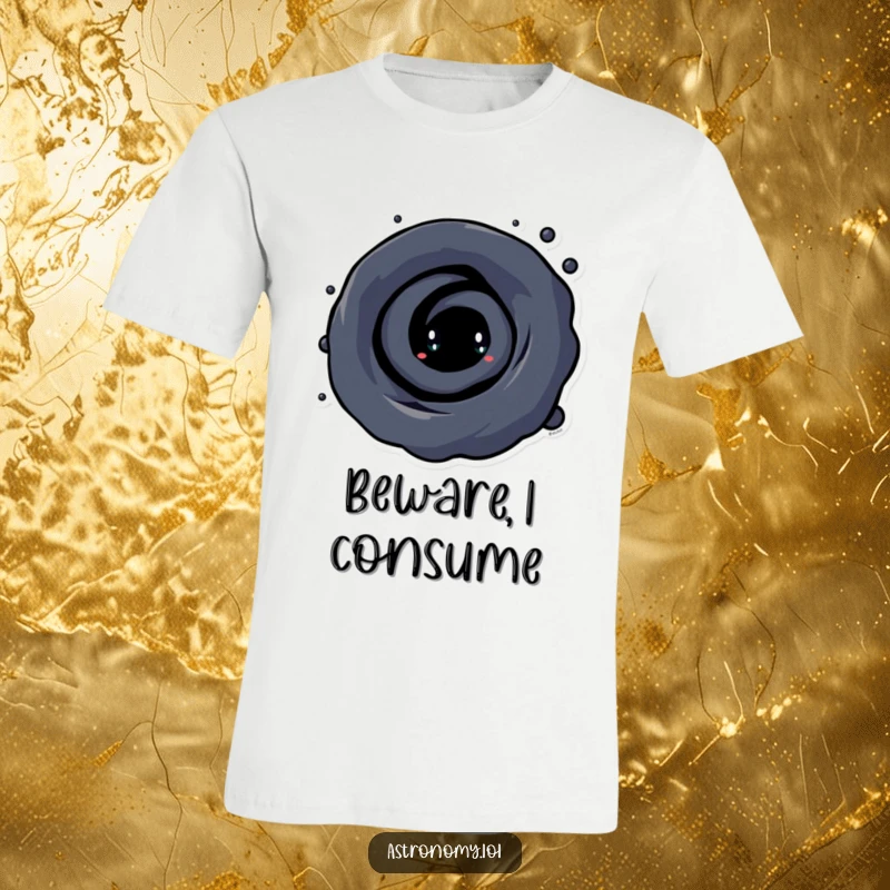 Funny Black Hole T-Shirt showcasing a curious character with an irresistible swirling vortex, expressing the allure of the cosmos humorously.
