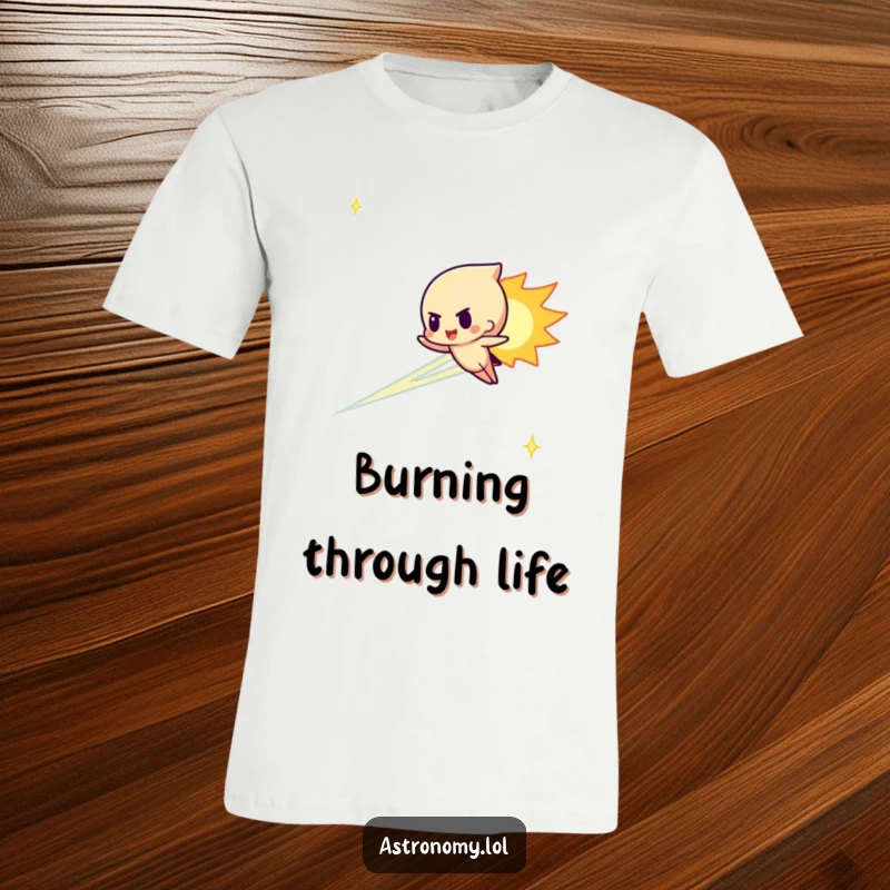 Funny meteor character streaking determinedly across the sky on a t-shirt, showcasing cosmic speed and humor.